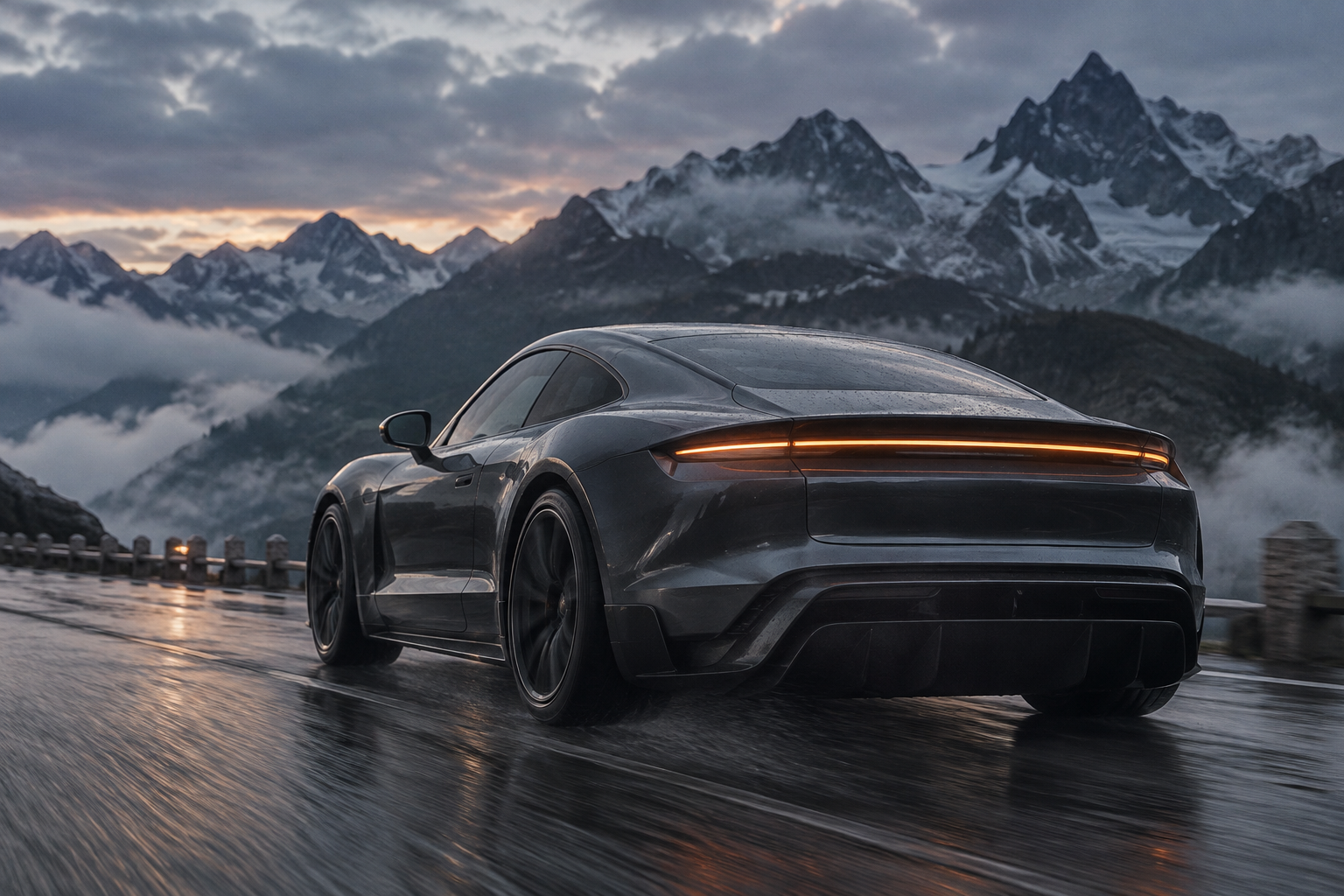 Rear three-quarter view of the Vanta S-01 descending a wet Swiss alpine road at blue hour with a warm tungsten rear light blade