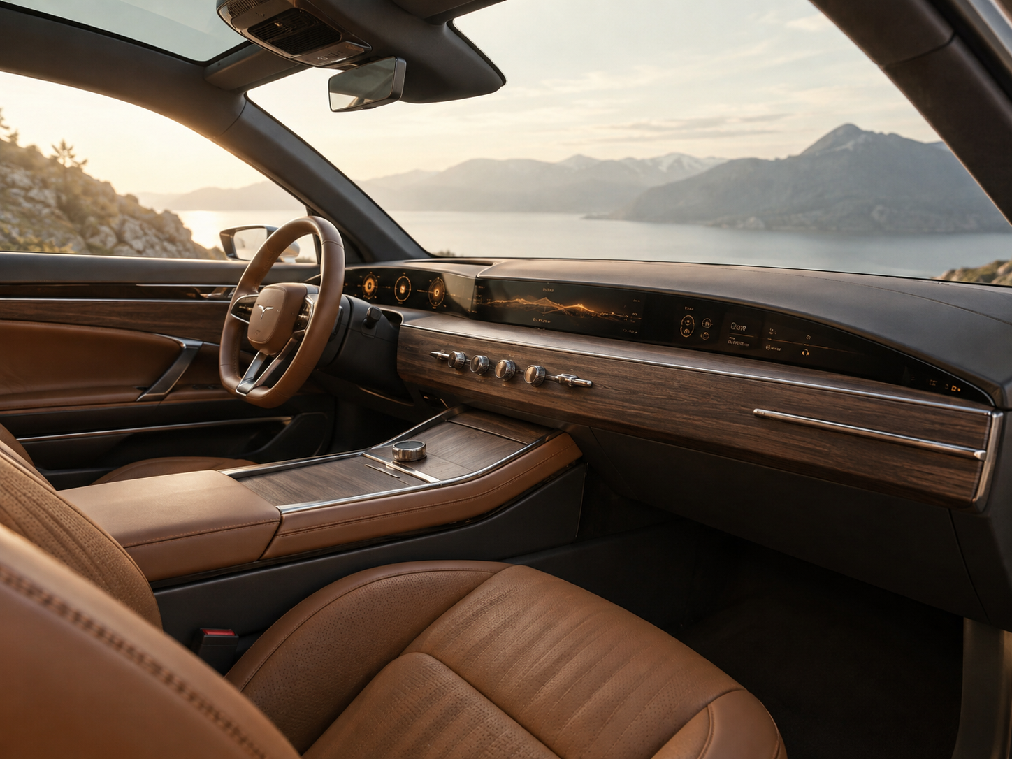 Vanta S-01 interior cabin showing smoked eucalyptus wood dash, milled titanium toggles, and saddle-tan unbleached aniline leather seats