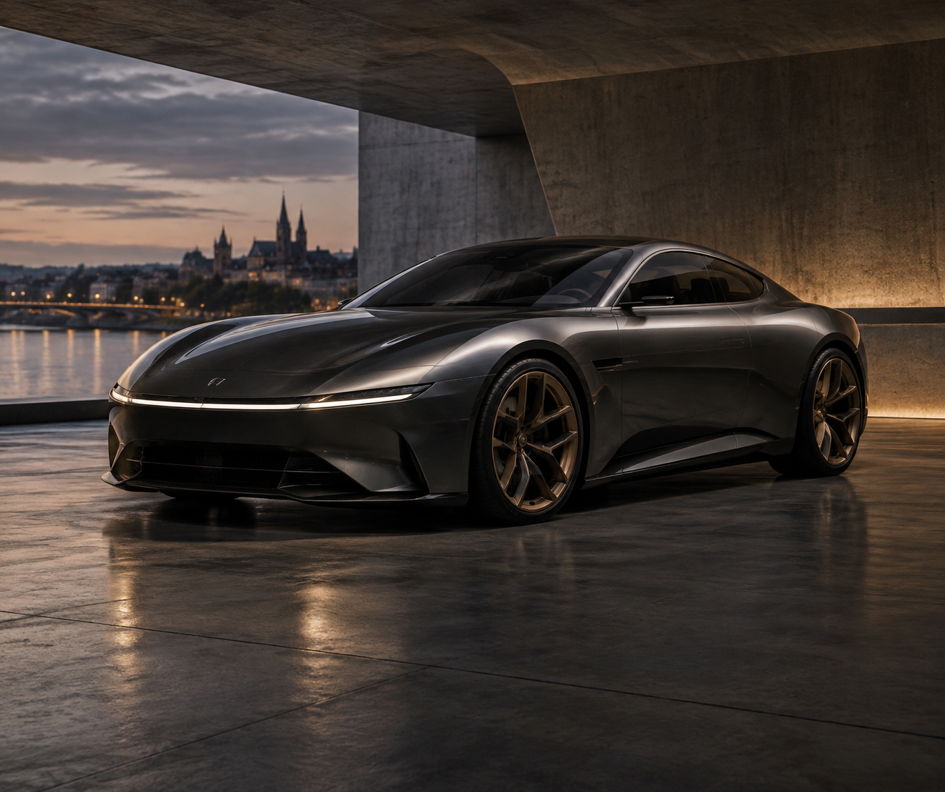 Vanta S-01 grand touring coupe in satin mineral slate parked inside a brutalist concrete studio at twilight